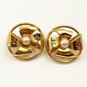 Chanel Vintage Gold Plated Windmill Pearl Clip on Earrings